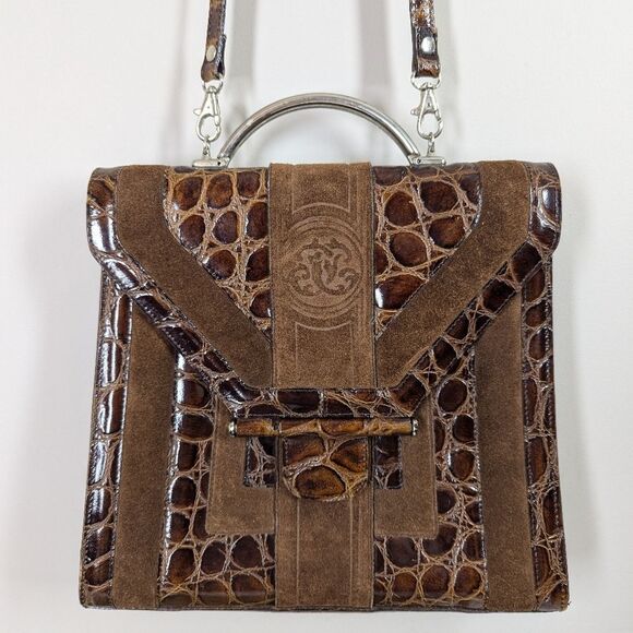 Vintage Italian Leather Purse – Embossed Croc & Suede – Metal Handle – Made in I - Picture 1 of 9